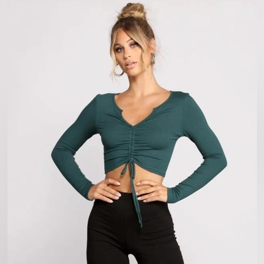 Windsor Teal Ruched Long Sleeve Crop Top